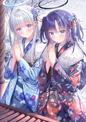  2girls bare_tree black_kimono blue_archive blue_eyes blue_hair blue_kimono blush box closed_mouth commentary_request donation_box floral_print fur_collar grey_hair halo highres japanese_clothes kimono long_hair long_sleeves looking_at_viewer multiple_girls noa_(blue_archive) obi outdoors own_hands_together palms_together parted_bangs print_kimono purple_eyes sash shirakawako smile snow snowing tree two_side_up very_long_hair wide_sleeves yuuka_(blue_archive) 