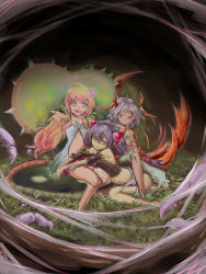  3girls :d aatora_the_fascinating_fiend bare_legs bare_shoulders bent_over blonde_hair bloody_girl blue_eyes duel_monster expressionless female_focus flower grass hair_bobbles hair_flower hair_ornament indoors kazuura_the_fascinating_fiend legs long_hair looking_at_viewer lying midriff monster_girl multiple_girls navel open_hand open_mouth outstretched_arm purple_eyes purple_hair short_hair sitting skirt smile traptrix_atrax traptrix_myrmeleo traptrix_nepenthes trion_the_fascinating_fiend twintails yu-gi-oh! yu-gi-oh!_duel_monsters 