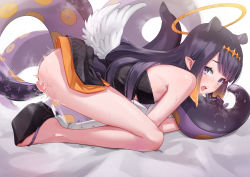 1girl ^^^ all_fours animal_ears bare_legs bare_shoulders black_dress blue_eyes blunt_bangs censored commentary_request dress feathered_wings female_masturbation from_side full_body geta gloves gradient_hair halo headpiece heart heart_censor hololive hololive_english inukai_mofu long_hair looking_at_viewer looking_to_the_side masturbation mole mole_under_eye motion_blur motion_lines multicolored_hair ninomae_ina&#039;nis open_mouth orange_hair platform_clogs pointy_ears purple_gloves purple_hair pussy_juice saliva single_thighhigh solo teeth tentacle_hair tentacle_sex tentacles thighhighs trembling two-tone_hair upper_teeth_only virtual_youtuber white_thighhighs white_wings wings rating:Explicit score:383 user:danbooru