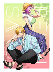  1boy 1girl black_pants blonde_hair border bracelet brother_and_sister character_name commentary curly_eyebrows earrings facial_hair full_body goatee hair_over_one_eye hand_on_headwear hat highres jewelry kafuyutns long_skirt multicolored_background mustache necklace one_piece pants pendant pink_hair sandals sanji_(one_piece) shirt short_hair siblings sitting skirt t-shirt vinsmoke_reiju white_border 