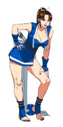1girl blue_lips blue_nails breasts brown_hair cleavage eyeshadow fatal_fury feet gimmerung gloves hand_on_own_hip japanese_clothes kimono lipstick makeup nail_polish ponytail shiranui_mai smile the_king_of_fighters