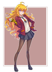  1girl absurdres ahoge black_pantyhose black_skirt blazer blonde_hair breasts commentary_request cosplay creatures_(company) full_body game_freak highres holding holding_poke_ball iesupa jacket large_breasts lass_(pokemon) lass_(pokemon)_(cosplay) long_hair looking_at_viewer necktie nintendo pantyhose poke_ball poke_ball_(basic) pokemon pokemon_swsh prosthesis prosthetic_arm purple_eyes red_jacket rwby shirt skirt solo wavy_hair white_shirt yang_xiao_long  rating:Sensitive score:26 user:danbooru