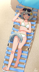  1girl absurdres adjusting_eyewear animal_ears barefoot beach_umbrella bikini blush breasts chair ear_covers full_body grey_hair hair_ornament hairclip halterneck hand_on_own_stomach highres horse_ears horse_girl horse_tail lexis_yayoi looking_at_viewer lounge_chair navel one_eye_closed open_mouth outdoors reclining seiun_sky_(umamusume) shade short_hair signature single_ear_cover small_breasts solo sun swimsuit tail toes umamusume umbrella white_bikini 
