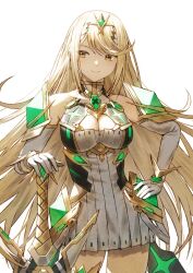  1girl bare_legs blonde_hair breasts chest_jewel cleavage_cutout closed_mouth clothing_cutout commentary_request core_crystal_(xenoblade) cowboy_shot dress earrings fagi_(kakikaki) gloves highres holding holding_sword holding_weapon jewelry long_hair looking_to_the_side medium_breasts mythra_(xenoblade) simple_background smile solo swept_bangs sword tiara very_long_hair weapon white_background white_dress white_gloves xenoblade_chronicles_(series) xenoblade_chronicles_2 yellow_eyes 