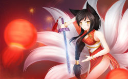 1girl ahri_(league_of_legends) animal_ears bare_shoulders black_hair bracelet braid breasts china_dress chinese_clothes cleavage dress facial_mark fang fireworks fox_ears fox_tail highres jewelry jian_(weapon) league_of_legends long_hair looking_at_viewer multiple_tails nail_polish no_panties red_dress ricegnat sidelocks single_braid sleeveless sleeveless_dress smile solo sword tail weapon whisker_markings yellow_eyes rating:Sensitive score:56 user:danbooru
