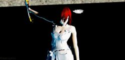  1girl 3d animated animated_gif breasts cleavage dead_fantasy dress feathers female_focus kairi_(shery_rakuura) keyblade kingdom_hearts lowres monty_oum red_hair short_hair solo sword weapon white_dress 