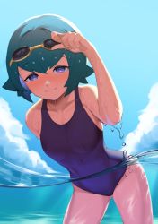 1girl absurdres aqua_hair blush closed_mouth cloud collarbone commentary_request creatures_(company) day freckles game_freak goggles goggles_on_head hand_on_goggles highres komadera lana_(pokemon) looking_at_viewer nintendo one-piece_swimsuit outdoors partially_submerged partially_underwater_shot pokemon pokemon_sm purple_eyes purple_one-piece_swimsuit short_hair sky smile solo swimsuit underwater wading water water_drop rating:Sensitive score:155 user:danbooru