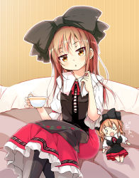  1girl :o apron black_apron black_bow black_pantyhose black_vest bow brown_eyes brown_hair cafe-chan_to_break_time cafe_(cafe-chan_to_break_time) character_doll collared_shirt commentary_request cup feet_out_of_frame floral_print frilled_skirt frills hair_bow head_tilt highres holding holding_cup long_hair neck_ribbon pantyhose parted_lips porurin red_ribbon red_skirt ribbon shirt short_sleeves sitting skirt solo tea_(cafe-chan_to_break_time) teacup very_long_hair vest white_shirt 