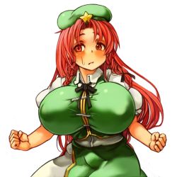  1girl before_and_after braid breasts china_dress chinese_clothes dress female_focus hong_meiling huge_breasts perky_breasts red_eyes red_hair sachito solo touhou  rating:Sensitive score:38 user:danbooru
