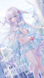  1girl artist_name blue_eyes blue_nightgown blue_ribbon blue_skirt blue_wristband blush braid breasts chair closed_mouth commission cup day feet_out_of_frame flower frilled_skirt frills grey_hair hair_flower hair_ornament hair_ribbon hands_up head_wings highres lamppost long_hair looking_at_viewer lorem_ipsum medium_breasts midriff navel nightgown original panties pink_flower ribbon see-through see-through_curtains see-through_skirt skirt solo star_(symbol) star_hair_ornament table teapot twin_braids umehara_sei underwear very_long_hair white_panties wings 