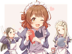  +_+ 4girls ;d ahoge alternate_costume apron arm_on_table arms_up blonde_hair blue_dress blue_eyes blue_skirt border bottle brown_background brown_eyes brown_hair collared_dress commentary dress earrings enmaided expressionless food gakuen_idolmaster glint hair_ornament hairclip hanami_saki hanami_ume hands_up hatsuboshi_gakuen_school_uniform heart highres holding holding_bottle holding_tray idolmaster jacket jewelry juliet_sleeves ketchup_bottle kuramoto_china long_hair long_sleeves looking_at_viewer maid maid_apron maid_headdress medium_hair multiple_girls omelet omurice one_eye_closed open_mouth outside_border parted_bangs pink_jacket puffy_sleeves school_uniform shinosawa_hiro sidelocks simple_background sitting skirt smile sparkle swept_bangs table teeth translation_request tray two_side_up upper_body upper_teeth_only usagichama white_apron white_border yellow_eyes 