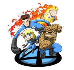  1girl 3boys animification ben_grimm black_hair blonde_hair blue_eyes brother_and_sister fantastic_four fire johnny_storm marvel multiple_boys rariatto_(ganguri) reed_richards rubber siblings stretching sue_storm susan_storm  rating:Sensitive score:17 user:danbooru