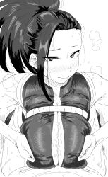  1boy 1girl absurdres bare_shoulders blush boku_no_hero_academia breasts_squeezed_together breasts cleavage cum cum_on_body cum_on_breasts cum_on_upper_body ejaculation_between_breasts hetero highres huge_breasts kaiman_garupan long_hair monochrome paizuri ponytail pov sketch sleeveless sweat white_background yaoyorozu_momo  rating:Explicit score:170 user:JustHere4Butts