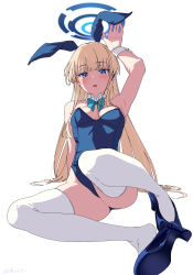  1girl :o absurdres animal_ears aqua_bow aqua_bowtie arm_behind_back arm_up armpits bare_arms bare_shoulders blonde_hair blue_archive blue_eyes blue_footwear blue_halo blue_leotard blunt_bangs blush bow bowtie breasts commentary detached_collar earpiece earrings full_body halo high_heels highleg highleg_leotard highres jewelry leotard long_hair looking_at_viewer medium_breasts official_alternate_costume open_mouth playboy_bunny rabbit_ears shoes simple_background sitting solo strapless strapless_leotard stud_earrings thighhighs toki_(blue_archive) toki_(bunny)_(blue_archive) very_long_hair white_background white_thighhighs wrist_cuffs yoku_soy 