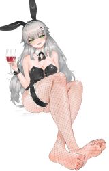 1girl absurdres alcohol animal_ears bad_id bad_pixiv_id barefoot black_leotard character_request copyright_name copyright_request cup dokomon drinking_glass fake_animal_ears feet fishnets foot_focus foreshortening green_eyes highres leotard long_hair looking_at_viewer panda playboy_bunny rabbit_ears silver_hair soles strapless strapless_leotard toes wine wine_glass rating:Sensitive score:50 user:danbooru