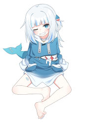  1girl absurdres animal_costume animal_hood bandaid bare_legs barefoot blue_eyes blue_hair blue_nails feet fins fish_tail gawr_gura grin hair_ornament highres hololive hololive_english hood looking_at_viewer looking_up multicolored_hair nail_polish one_eye_closed shark_costume shark_girl shark_hair_ornament shark_hood shark_tail sharp_teeth sitting sleeves_past_fingers sleeves_past_wrists smile solo streaked_hair tail teeth toenail_polish toenails toes ugaaaa1 virtual_youtuber white_background white_hair 