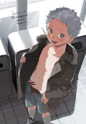  1boy 50off bar_censor blush censored clothes_pull erection grey_hair jacket looking_at_viewer male_focus nipples open_clothes open_jacket open_mouth original paid_reward_available pale_skin pants pants_pull penis public_indecency shota testicles underwear_pull 