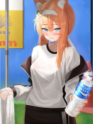  1girl absurdres animal_ear_fluff animal_ears black_shorts blue_archive blue_eyes blush bottle breasts cat_ears closed_mouth flower gym_shirt gym_shorts gym_uniform hair_between_eyes hair_flower hair_ornament headband highres holding holding_bottle holding_towel hsxxx jacket long_hair mari_(blue_archive) mari_(track)_(blue_archive) official_alternate_costume open_clothes open_jacket orange_hair shirt short_sleeves shorts small_breasts solo towel track_jacket water_bottle white_flower white_headband white_shirt white_towel 