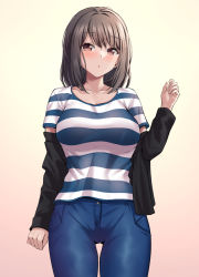 1girl :o absurdres arm_at_side bang_dream! black_jacket blue_pants blue_shirt blush breasts brown_eyes brown_hair buttons collarbone commentary cowboy_shot denim gradient_background hair_between_eyes hand_up highres jacket large_breasts long_sleeves looking_at_viewer medium_hair off_shoulder open_clothes open_jacket pants parted_lips pink_background pocket ptal shirt short_sleeves solo standing striped_clothes striped_shirt tsukishima_marina yellow_background