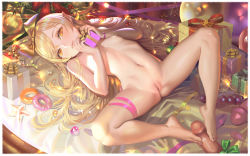 1boy 1girl alphonse_(white_datura) bakemonogatari barefoot blonde_hair bow box christmas christmas_lights christmas_ornaments doughnut egg_vibrator erection facing_viewer feet flat_chest food footjob full_body gift gift_box hair_bow hetero highres knee_up loli long_hair looking_at_viewer lying monogatari_(series) navel nipples nude on_back on_table oshino_shinobu penis pointy_ears pussy ribcage sex_toy small_areolae small_nipples solo_focus spread_legs table third-party_edit toes uncensored vibrator yellow_eyes rating:Explicit score:650 user:schwarz-wohlf