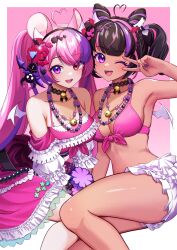  2girls absurdres ahoge animal_ears bead_necklace beads bell bikini black_choker black_hair black_hairband breasts bubi_(ironmouse) choker collarbone cone_hair_bun dark-skinned_female dark_skin dress frilled_dress frilled_shorts frills hair_bun hair_ornament hairband head_wings heart heart_ahoge heart_hair_ornament heterochromia highres horns ironmouse jewelry lace lace_choker large_breasts medium_breasts mouse_ears multicolored_hair multiple_girls nail_polish neck_bell necklace one_eye_closed pink_background pink_bikini pink_dress pink_hair purple_eyes purple_hair purple_nails red_eyes red_wings shorts spiro_(supirou2052) streaked_hair swimsuit twintails v_over_eye virtual_youtuber vshojo white_horns white_shorts white_wings wings 