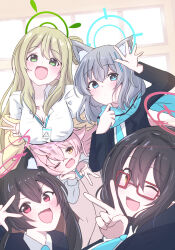  5girls animal_ear_fluff animal_ears ayane_(blue_archive) black_hair blue_archive blue_eyes blue_halo blue_necktie blue_scarf blush breasts cardigan cat_ears cleavage closed_mouth collarbone collared_shirt cross_hair_ornament extra_ears fang flat_chest foreclosure_task_force_(blue_archive) giorgio_(yo_sumire_sola1) glasses green_eyes green_halo grey_hair hair_ornament halo highres hoshino_(blue_archive) large_breasts light_brown_hair long_hair long_sleeves looking_at_viewer medium_hair mismatched_pupils multiple_girls necktie nonomi_(blue_archive) open_cardigan open_clothes open_mouth pink_hair pink_halo pointy_ears red-framed_eyewear red_eyes red_halo scarf serika_(blue_archive) shiroko_(blue_archive) shirt short_hair smile v white_shirt wolf_ears yellow_cardigan yellow_eyes 
