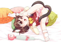 1girl anal anal_beads anal_object_insertion animal_ears ass ass_juice bottomless bow bowtie brown_eyes brown_hair cat_ears cat_girl cat_tail chen chinese_clothes earrings female_focus hat jewelry lee_(colt) loli lying multiple_tails object_insertion open_mouth pussy_juice sex_toy short_hair socks solo tail tears top-down_bottom-up touhou uncensored vibrator rating:Explicit score:150 user:Shockpulse