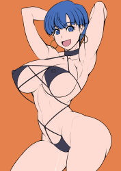  1girl absurdres armpits arms_behind_head black_one-piece_swimsuit blue_eyes blue_hair breasts bulma cleavage_cutout clothing_cutout covered_erect_nipples curvy dragon_ball dragonball_z earrings female_focus highres hoop_earrings jewelry large_breasts looking_at_viewer matching_hair/eyes myougi_kuraganosuke one-piece_swimsuit open_mouth pussy_juice short_hair simple_background slingshot_swimsuit smile solo swimsuit upper_body  rating:Explicit score:68 user:fakyuh