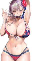  1girl american_flag american_flag_bikini american_flag_print arm_up armpits bikini blue_choker blue_eyes blush breasts bun_cover choker cleavage closed_mouth fate/grand_order fate_(series) flag_print front-tie_bikini_top front-tie_top highres huge_breasts large_breasts long_hair marushin_(denwa0214) miyamoto_musashi_(fate) miyamoto_musashi_(fate/grand_order) miyamoto_musashi_(swimsuit_berserker)_(fate) navel pink_hair print_bikini simple_background skindentation solo star_(symbol) star_print stomach strap_pull swimsuit thick_thighs thighs white_background wide_hips  rating:Sensitive score:57 user:PuttHutt