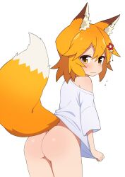  1girl animal_ear_fluff animal_ears ass blonde_hair blush bottomless closed_mouth commentary cowboy_shot english_commentary female_focus flower fox_ears fox_girl fox_tail from_behind hair_between_eyes hair_flower hair_ornament highres loli looking_at_viewer looking_back mikoscrub naked_shirt off-shoulder_shirt off_shoulder senko_(sewayaki_kitsune_no_senko-san) sewayaki_kitsune_no_senko-san shirt shirt_tug short_hair simple_background single-shoulder_shirt single_bare_shoulder sleeves_past_elbows solo standing tail tail_raised thighs wavy_mouth white_background white_shirt yellow_eyes  rating:Questionable score:266 user:danbooru