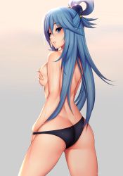 10s 1girl aqua_(konosuba) artist_name ass backboob black_panties blue_eyes blue_hair breast_hold breasts butt_crack covering_privates covering_breasts covering_nipples cowboy_shot from_behind hair_ornament hair_rings highres kono_subarashii_sekai_ni_shukufuku_wo! long_hair looking_at_viewer looking_back matching_hair/eyes medium_breasts panties parted_lips simple_background solo standing tony_guisado topless underwear underwear_only wet rating:Questionable score:215 user:spiderfan