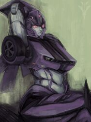  1girl breasts colored_skin f15cursedeagle helmet highres humanoid_robot medium_breasts no_humans red_eyes robot robot_girl science_fiction shadow_striker_(transformers) solo thighs transformers wheel 
