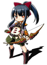  1girl arrow_(symbol) black_hair boots bow bow_(weapon) brown_footwear chibi closed_mouth commentary_request etrian_odyssey full_body goggles goggles_around_neck green_shorts hair_bow holding holding_bow_(weapon) holding_weapon knee_boots long_hair long_sleeves looking_at_viewer naga_u orange_eyes ponytail puffy_shorts quiver red_bow shadow shirt shorts sidelocks simple_background sniper_(sekaiju) sniper_2_(sekaiju) solo standing weapon white_background white_shirt 