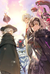  3boys 4girls absurdres ahoge animal animal_ears antonio_salieri_(fate) antonio_salieri_(second_ascension)_(fate) aoten_(aoiroarekore) armor ascot black_armor black_blindfold black_cape black_gloves black_hair black_hat black_suit blindfold cape closed_mouth cloud commentary_request covered_eyes dark-skinned_female dark_skin dress edmond_dantes_(fate) fate/grand_order fate_(series) flying formal fur_collar fur_trim gauntlets gloves gorgon_(fate) grey_hair hat headless headpiece height_difference hessian_(fate) highres jackal_ears jeanne_d&#039;arc_alter_(avenger)_(fate) jeanne_d&#039;arc_alter_(avenger)_(first_ascension)_(fate) jeanne_d&#039;arc_alter_(fate) lobo_(fate) long_hair looking_at_viewer medusa_(fate) multiple_boys multiple_girls nitocris_(fate) nitocris_alter_(fate) outdoors pink_eyes pink_hair profile red_ascot red_eyes rider short_hair sky smile snake_hair suit sunlight taira_no_kagekiyo_(fate) tate_eboshi twitter_username ushiwakamaru_(fate) white_hair wolf yellow_eyes 