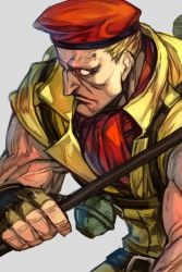 1boy belt blonde_hair capcom closed_mouth empty_eyes explosive final_fight fingerless_gloves from_side gloves green_gloves grenade grey_background hat hungry_clicker jacket leaning_forward male_focus red_hat red_scarf rolento scar scarf simple_background solo street_fighter upper_body yellow_jacket