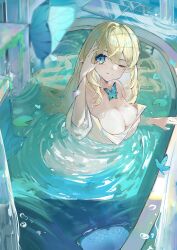  1girl absurdres bath bathing blonde_hair blue_eyes breasts cleavage highres large_breasts long_hair no_bra solo yamasede_neiko  rating:Explicit score:0 user:Ellipse8