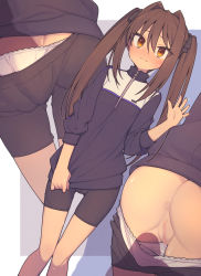 1girl ai_(netora_resistance) ass bike_shorts black_bow black_hair blush bow censored clothes_pull crotch_seam disembodied_hand dutch_angle everyntrge from_behind hair_bow hair_intakes highres jacket jacket_tug loli lower_body mosaic_censoring multiple_views netora_resistance orange_eyes panties panty_pull pussy pussy_juice shorts shorts_pull solo_focus standing sweat thigh_gap twintails underwear waving white_panties zoom_layer rating:Explicit score:295 user:ponekad