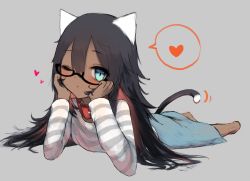  1girl animal_ears black_hair blue_eyes cat_ears cat_girl cat_tail chito_(natsume-same) collar commentary_request dark-skinned_female dark_skin full_body glasses grey_background hair_between_eyes head_rest heart highres long_hair looking_at_viewer lying natsume-same on_stomach one_eye_closed original partial_commentary red_collar sidelocks simple_background slit_pupils solo speech_bubble spoken_heart tail tail_wagging 