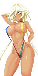 1girl absurdres aged_up blonde_hair blue_eyes blush breasts carol_malus_dienheim cleavage closed_mouth covered_erect_nipples hair_between_eyes hand_on_own_hip highres large_breasts long_hair looking_at_viewer mole mole_under_eye multicolored_clothes multicolored_swimsuit navel senki_zesshou_symphogear shiny_skin slingshot_swimsuit slingshot_tan solo standing swimsuit tan tanline tessa_(uma_orfevre)