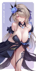  1girl armpit_crease bare_legs bare_shoulders black_collar black_dress black_veil blue_flower blush breasts brown_hair character_name chinese_commentary cleavage closed_mouth collar collarbone commentary_request cowboy_shot detached_collar dress flower groin hair_flower hair_ornament hair_over_one_eye highres honkai_(series) honkai_impact_3rd large_breasts leaning_forward leg_tattoo looking_at_viewer nail_polish navel purple_nails red_eyes rita_rossweisse rita_rossweisse_(fallen_rosemary) ruo_zhishi_chu_jian smile solo standing stomach tattoo veil 