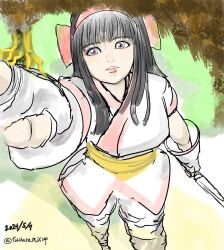 1girl ainu_clothes black_hair blue_eyes breasts fingerless_gloves gloves hair_ribbon highres legs long_hair looking_at_viewer medium_breasts nakoruru outstretched_arm pants parted_lips ribbon samurai_spirits snk the_king_of_fighters thighs traditional_media weapon
