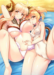 10s 2girls :o absurdres ahoge andira_(granblue_fantasy) anila_(granblue_fantasy) animal_ears arm_behind_head arm_up armpits bare_arms bare_shoulders bikini blonde_hair blush breasts cameltoe cleavage cleavage_cutout closed_mouth clothing_cutout covered_navel day draph covered_erect_nipples erune from_above fur_trim granblue_fantasy hairband highres hinata_sora horns large_breasts long_hair looking_at_viewer lying monkey_ears monkey_tail multiple_girls navel on_back orange_eyes sand short_hair small_breasts smile spread_legs stomach swimsuit tail two_side_up white_bikini rating:Questionable score:45 user:danbooru