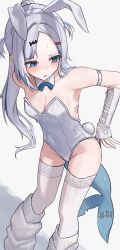  1girl 3xens alternate_hairstyle animal_ears baggy_socks bare_shoulders blue_eyes blue_hair bow bowtie breasts cleavage clothes_pull covered_navel detached_collar elbow_sleeve fake_animal_ears fake_tail fins fish_tail gawr_gura gills grey_hair hair_ornament highleg highleg_leotard highres hololive leotard long_hair multicolored_hair playboy_bunny rabbit_ears rabbit_tail shark_girl shark_hair_ornament shark_tail sleeves_past_wrists small_breasts solo strapless strapless_leotard streaked_hair tail thighhighs two_side_up virtual_youtuber white_leotard white_thighhighs 