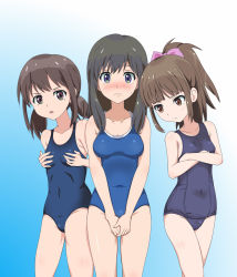  3girls black_hair breasts brown_hair highres hisami_nanami katayama_minami multiple_girls one-piece_swimsuit school_swimsuit shimada_mayu swimsuit 