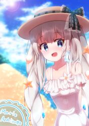 1girl :d absurdres bare_shoulders beach blue_eyes blue_sky blurry blurry_background blush bow breasts brown_hat character_name cloud cloudy_sky collarbone commentary_request day depth_of_field dress fate/grand_order fate_(series) frilled_dress frills grey_bow grey_hair hair_between_eyes hat hat_bow highres long_hair looking_at_viewer marie_antoinette_(fate) marie_antoinette_(fate/grand_order) marie_antoinette_(swimsuit_caster)_(fate) off-shoulder_dress off_shoulder open_mouth outdoors pixiv_fate/grand_order_contest_1 plaid plaid_bow sand sky small_breasts smile solo starfish_hair_ornament twintails very_long_hair water white_dress yuya090602 