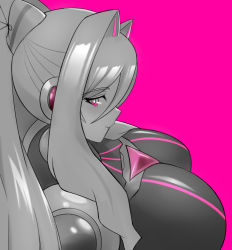  1girl android breasts closed_mouth commentary eratoeir_(mega_man_x_dive) from_side greyscale hair_ornament large_breasts lips long_hair looking_at_viewer mega_man_(series) mega_man_x_(series) mega_man_x_dive miolnel monochrome neon_trim purple_background robot_ears simple_background smile solo upper_body  rating:Sensitive score:19 user:danbooru