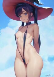 1girl a-o_a alternate_eye_color arms_behind_back black_hair blue_eyes blue_sky breasts closed_mouth cloud cowboy_shot day genshin_impact groin hat long_hair looking_at_viewer mona_(genshin_impact) outdoors paid_reward_available raised_eyebrows sky slingshot_swimsuit small_breasts solo swimsuit thighs twintails wide_hips witch_hat rating:Questionable score:224 user:danbooru