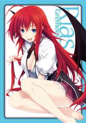  10s barefoot blue_eyes breasts cleavage feet high_school_dxd highres long_hair miyama-zero official_art open_clothes open_shirt red_hair rias_gremory shirt toes wings  rating:Questionable score:27 user:Claymored