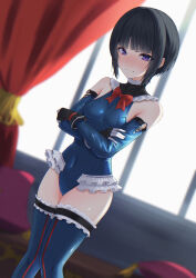  1girl absurdres black_gloves black_hair blue_leotard blue_sleeves blue_thighhighs blunt_bangs blush bow bowtie breasts closed_mouth cosplay covered_navel crossed_arms dead_or_alive dead_or_alive_5 detached_sleeves embarrassed fingerless_gloves frilled_one-piece_swimsuit frills gloves highres idolmaster idolmaster_cinderella_girls indoors leotard looking_at_viewer marie_rose marie_rose_(cosplay) medium_breasts one-piece_swimsuit purple_eyes red_bow red_bowtie shirayuki_chiyo shooot108 short_hair solo standing swimsuit thighhighs thighs  rating:Sensitive score:21 user:danbooru