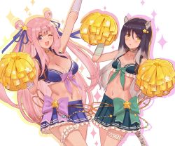  2girls :o absurdres animal_ears arm_up bikini black_hair blue_ribbon blue_skirt blush bow breasts bridal_garter cheerleader choker cleavage crop_top frills grey_hair hair_ornament hair_ribbon hatsune_(princess_connect!) hatsune_(summer)_(princess_connect!) highres large_breasts long_hair looking_at_viewer midriff multicolored_hair multiple_girls one_eye_closed open_mouth outline parted_lips pink_hair pleated_skirt pointy_ears pom_pom_(cheerleading) princess_connect! purple_bikini purple_eyes ribbon shiori_(princess_connect!) siblings simple_background sisters skirt small_breasts sparkle star_(symbol) star_hair_ornament swimsuit tail tiger_ears tiger_girl tiger_tail tsunekun two_side_up very_long_hair white_background 